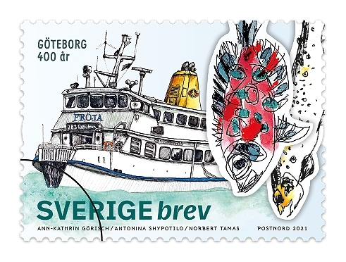 Frimärke i rulle med fem olika motiv. Självhäftande frimärken med valör 12 kr. Båten Fröja är avbildad.