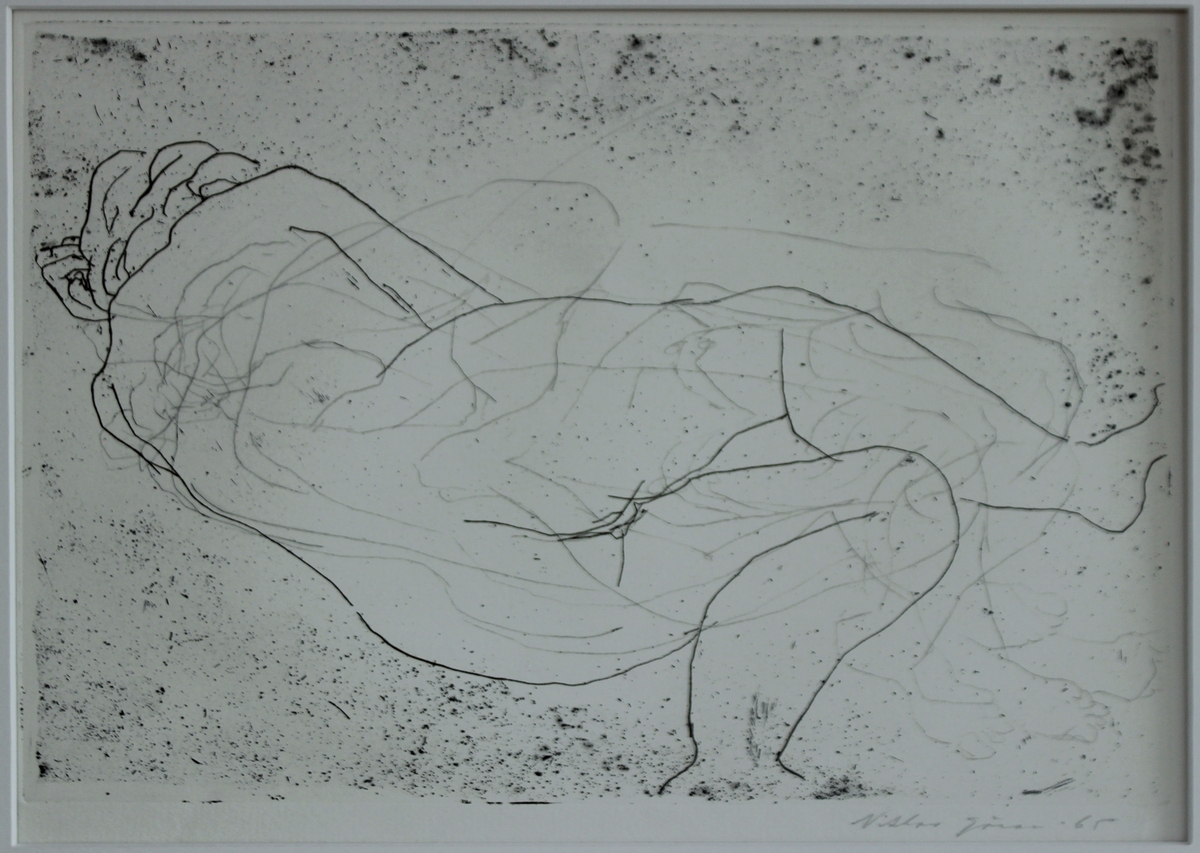 Etsning i liggande format föreställande naken kvinna liggande på sidan, sedd snett bakifrån.