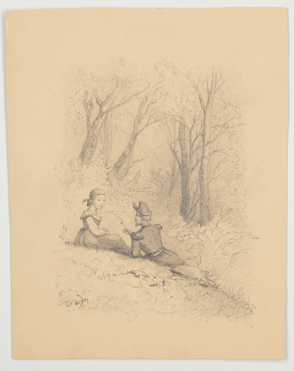 Följande är hämtat från Värmlands Museums accessionsliggare: " I en skogsbacke ligger en fransk officer, överlämnande en blomma till en bredvid sig sittande flicka. ".
