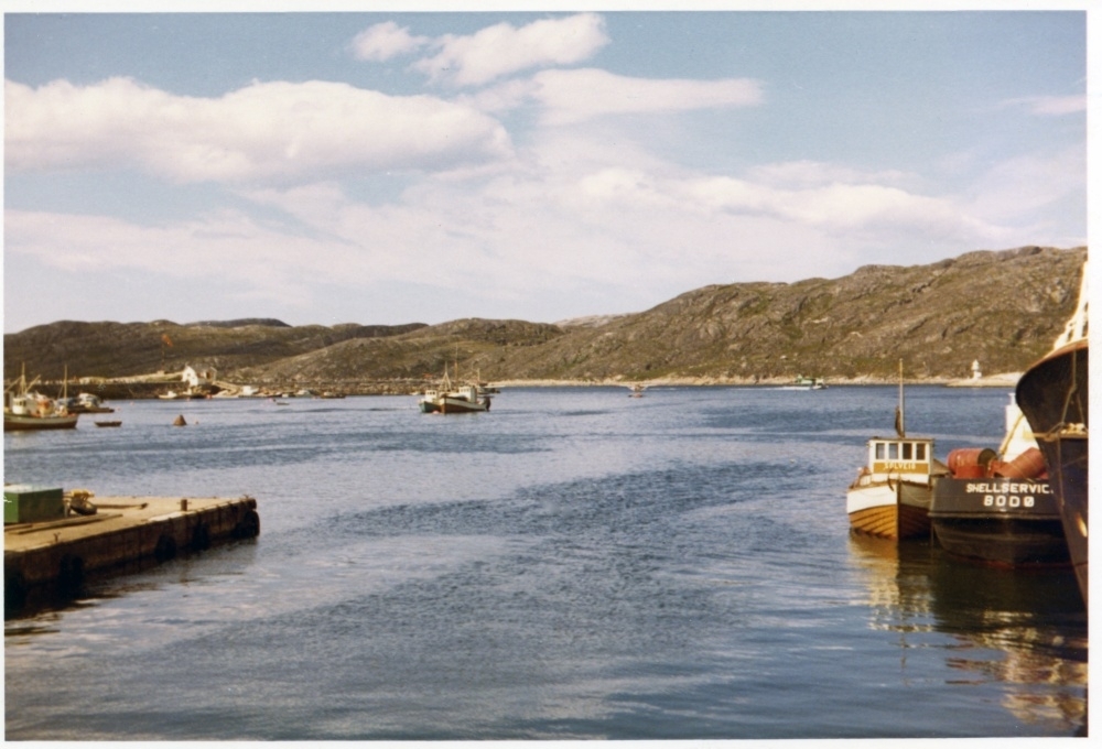 Bodø havn sommeren 1969. Et av Widerøes DHC-3 Singel Otter lander mot øst. Sjøflyhavna ses nede i venstre bildekant.