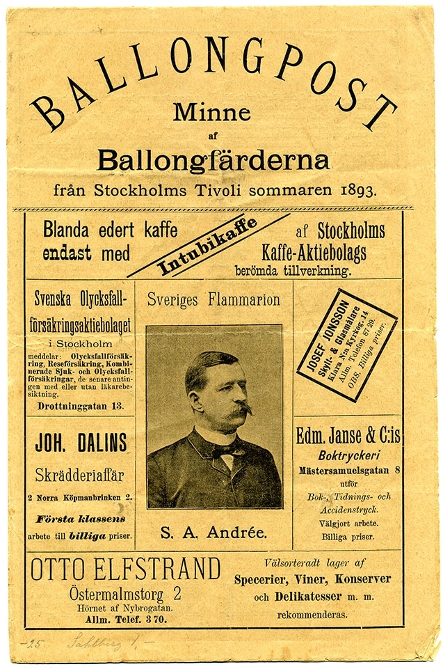 "Ballongpost Minne af Ballongfärderna från Stockholms Tivoli sommaren 1893." Ballongfärderna genomfördes inte 1893 utan 1892.
Framsida med annonser och fotografi av S A Andrée. Baksida med annonser och gravyr föreställande ballongpiloten Franzisco Cetti.