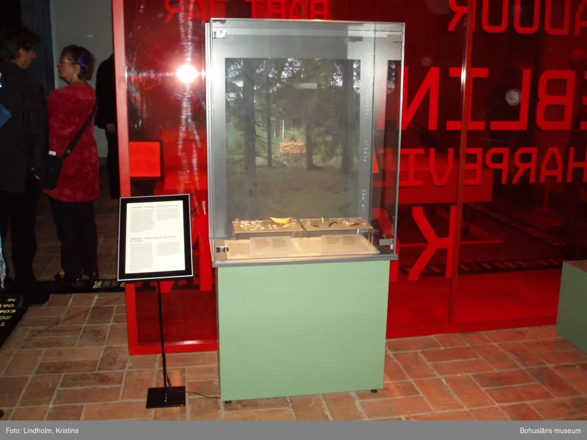Monter i utställningen Sveriges historia på Statens historiska museer, som innehåller bitar av en kam, keramik och glas med mera från resandeboplatsen Snarsmon. Föremålen är utlånade av Bohusläns museum. Foto i samband med invigningen av utställningen i maj 2010.