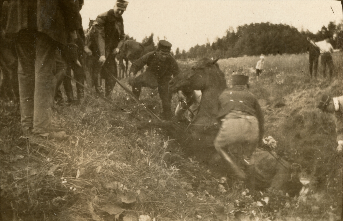 Soldater drar upp häst från diket.