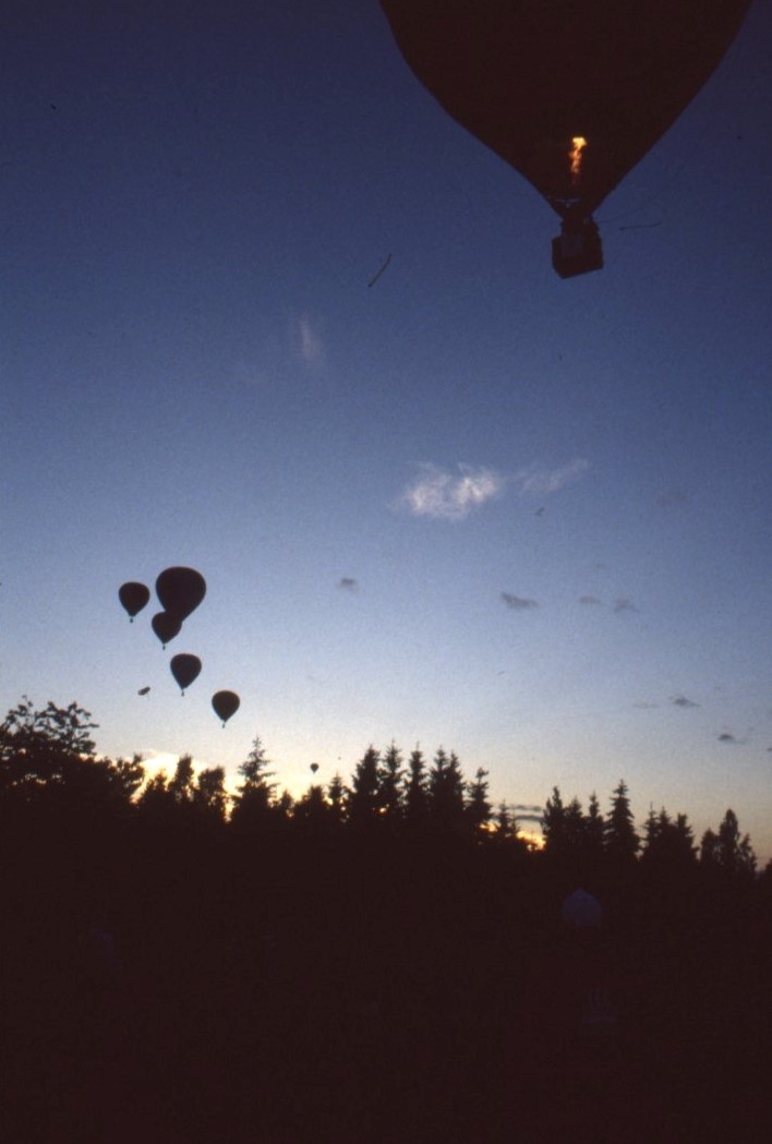 Bild tagen från marken där flera luftballonger syns mot kvällshimlen.