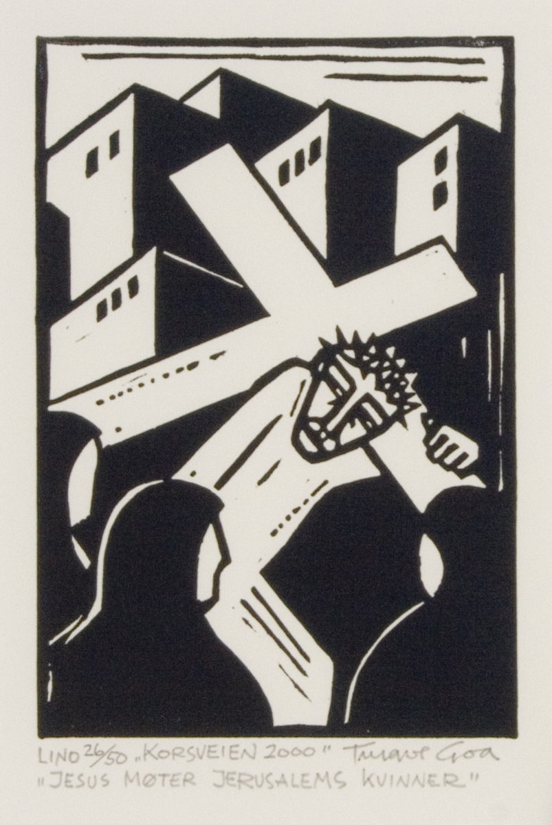Stilliserte figurer i svart/hvitt. Tre skikkelser foran en person som bærer et kors. I bakgrunnen ser man byggninger
