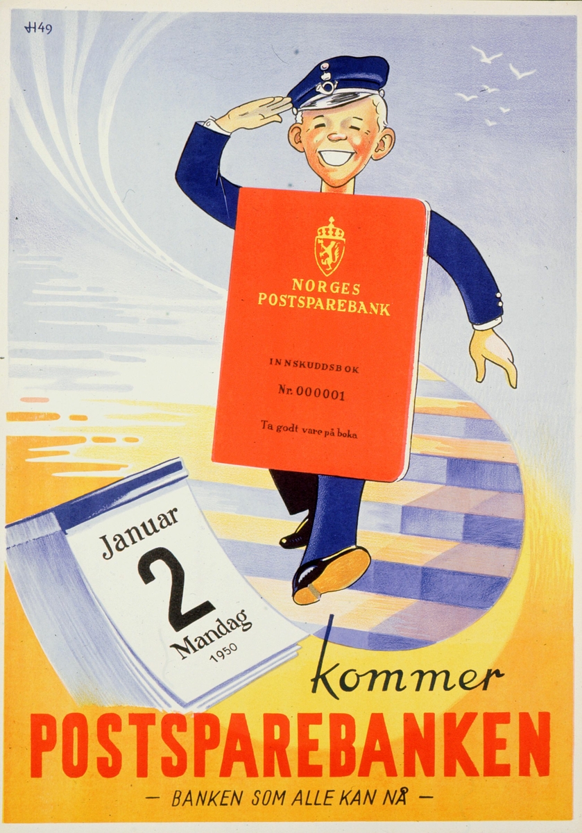 postmuseet, plakater, Postsparebanken, mandag 2. januar 1950 kommer Postsparebanken - banken alle kan nå, postsparebankgutten
