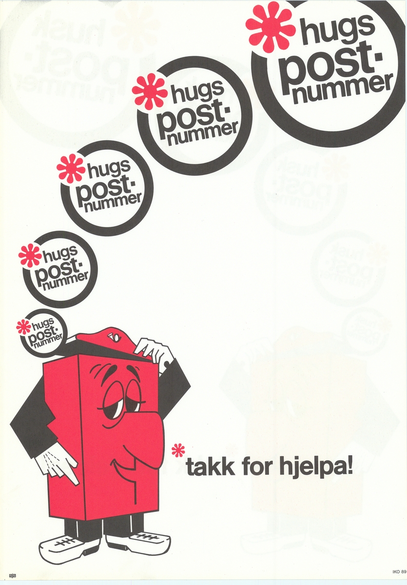 Plakat med hvit bunnfarge, motiv og tekst. Plakaten er tosidig med tekst på nynorsk og bokmål på hver sin side.