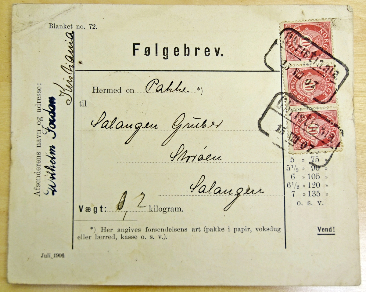 Følgebrev fra Wilhelm Jordan, Christiania til Salangen Gruver, Storøen, Søveien.