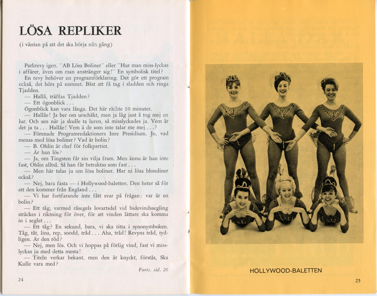 Program för Folkets Parks och Tjaddenrevyns uppsättning "AB Lösa Boliner" från 1965. Innehåller information om föreställningen och reklam.