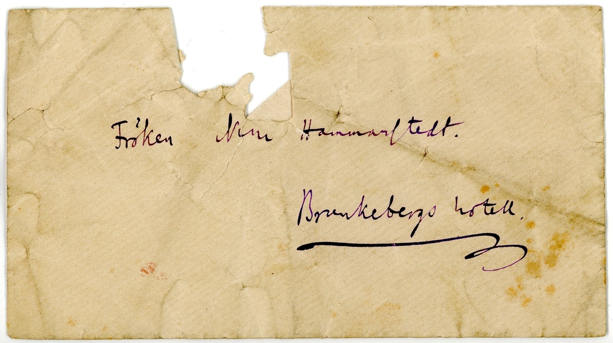 Brev skrivet 1883-07-25 av Richard Berdström till Ninni (Ellen) Hammarstedt. Brevet består av två sidor text på ett pappersark. Brevet ligger i ett adresserat kuvert. Handskrivet med svart bläck.