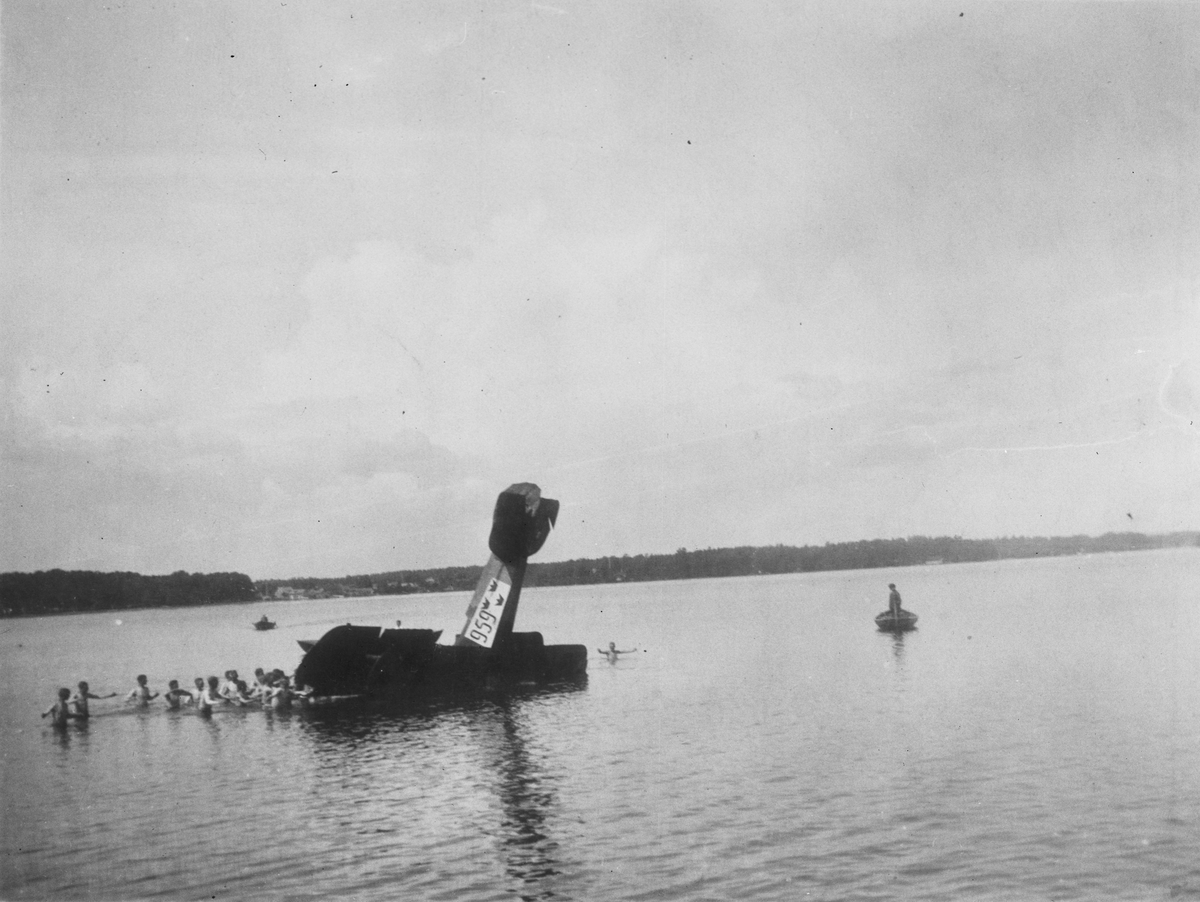 Flygplan J 1 Phönix D.II, Phönixjagaren nummer 959 har landat på nosen på vattenytan. Omkring 15 män står i vattnet och arbetar med flygplanet .