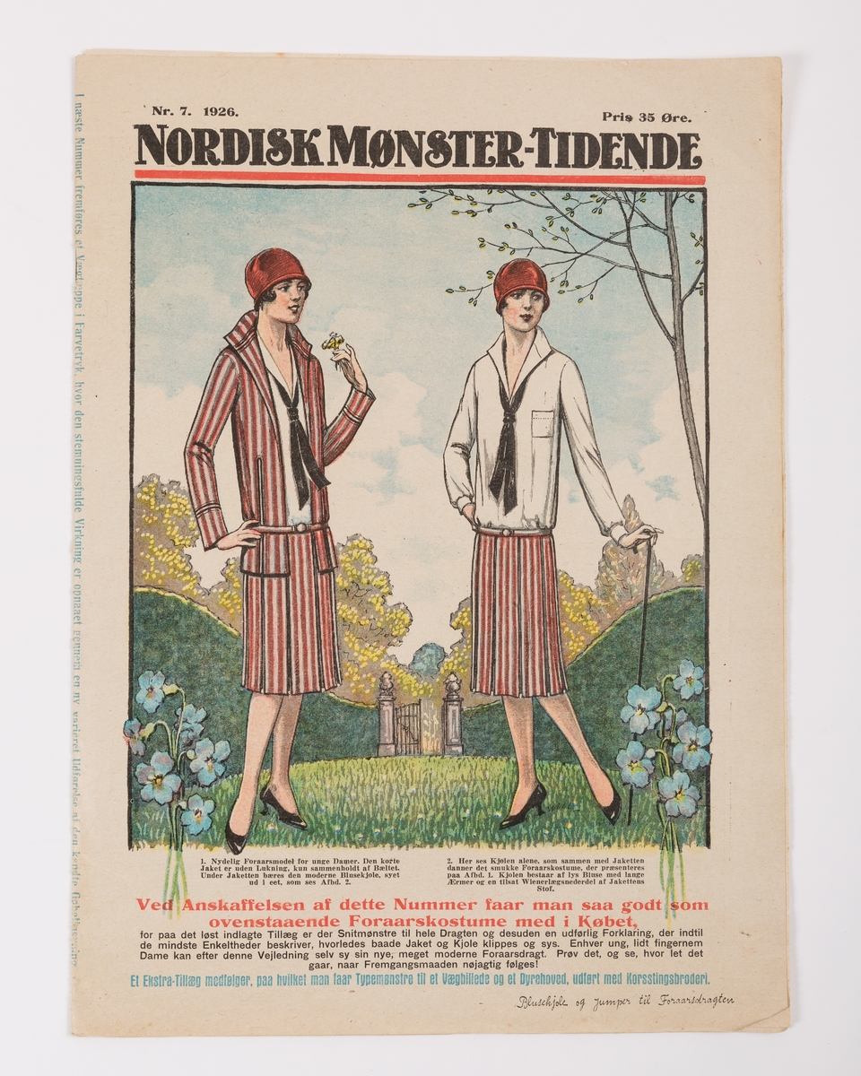 Nordisk Mønster-Tidende nr. 7 1926 med temaet blusekjole og jumper til foraarsdrakten.
Tidsskrift med kvinnemote og håndarbeid med løse mønsterark