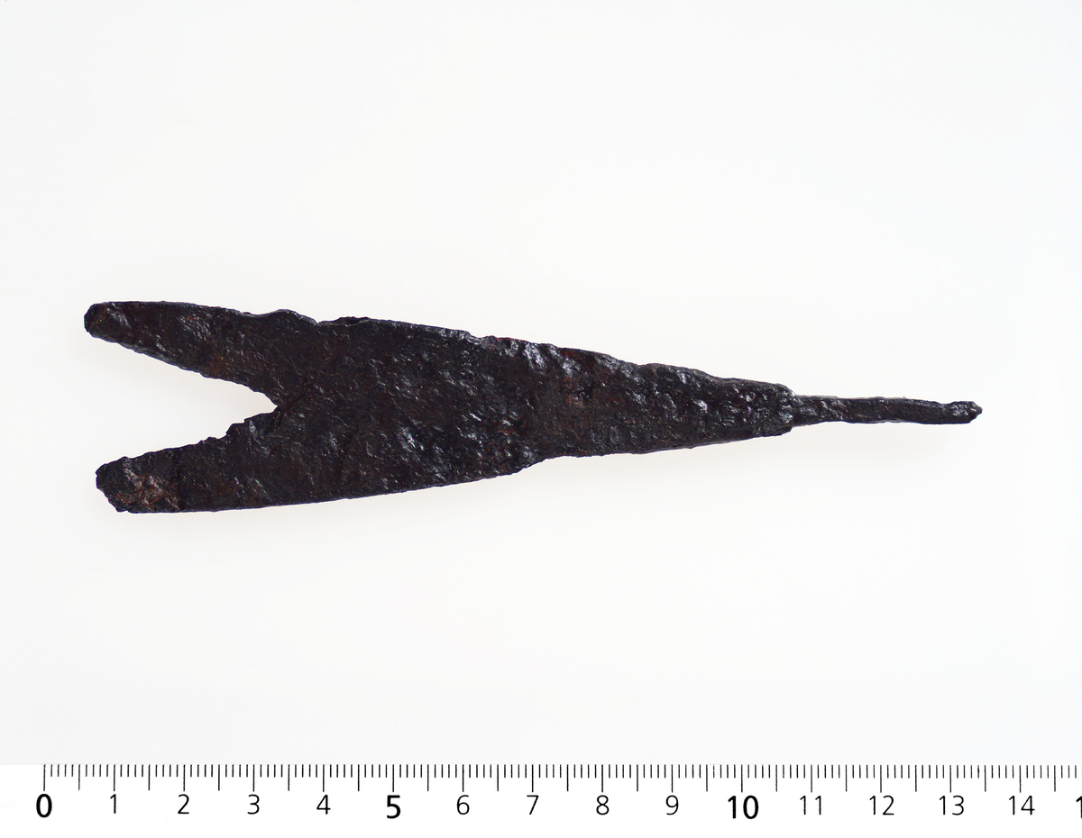 Pilespiss av jern, som R. 551 med dobbelt odd. 13 cm lang, største bredde 3 cm