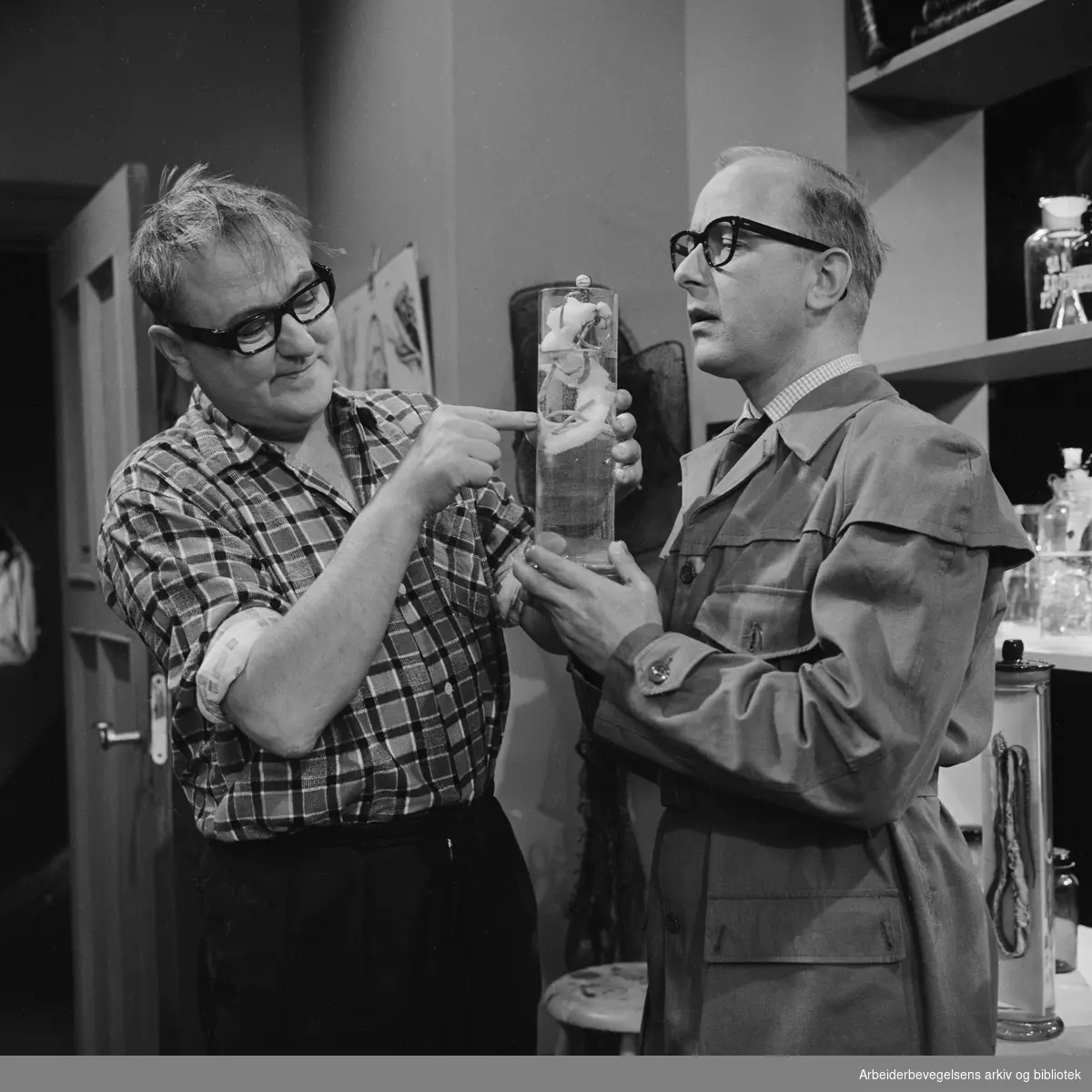 TV-underholdningsprogrammet "Sommer i byen". Carsten Byhring og Erik Lassen med parodi på Per Haflunds og Sverre Tinnås naturprogrammer. Juli 1963.