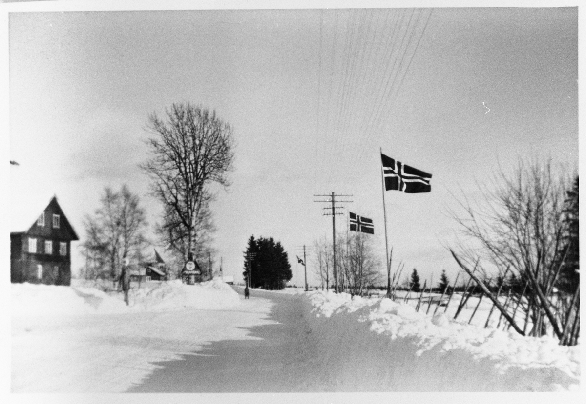 Flaggborg mot Aas kommunelokale i anledning middag for kronprins Olav og spesielt innbudte under Norgesmesterskapet på ski i Lønnbergbakken 1956.