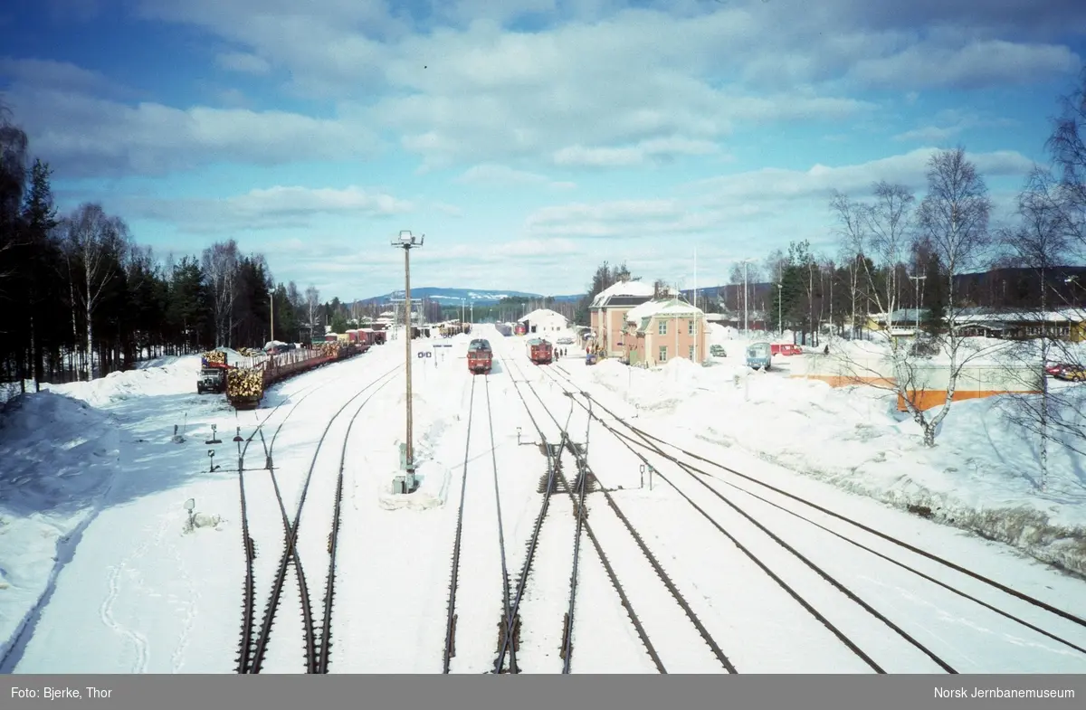 Oversiktsbilde over Elverum stasjon med motorvogner til Kongsvinger i spor 1, Hamar i spor 3 og tømmeropplasting i spor 6