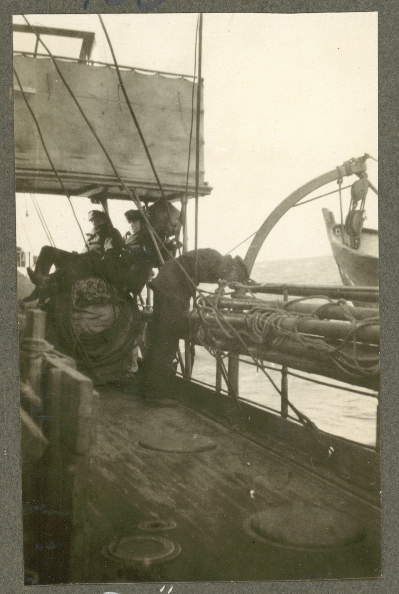 Bilden visar tre sjömän ombord på Fylgia. Medan två vilar avslappnade under bryggan hänger deras kamrat på relingen och matar måsarna.