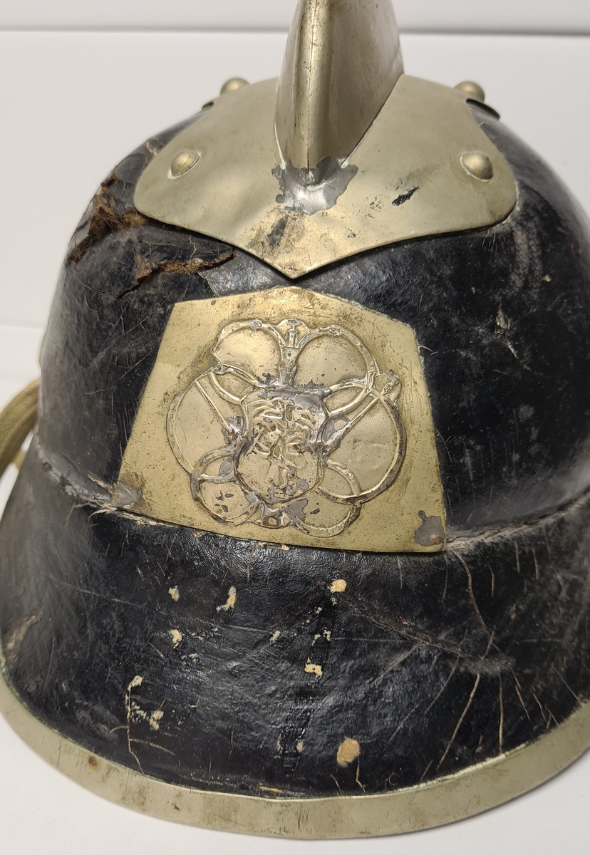 En løve med en øks eller lignende er avbildet i emblemet på hjelmens front.