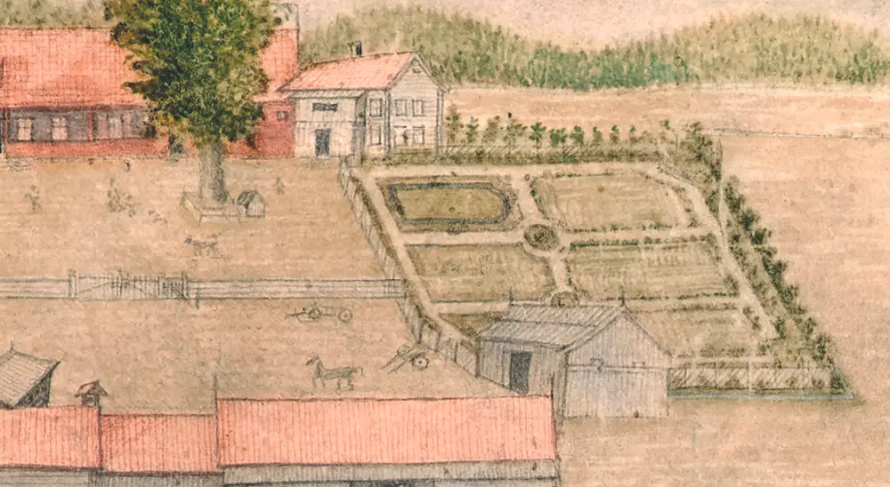 Hageanlegget på Huseby gård 1780. Utsnitt av kart over Huseby gård. Riksarkivet.