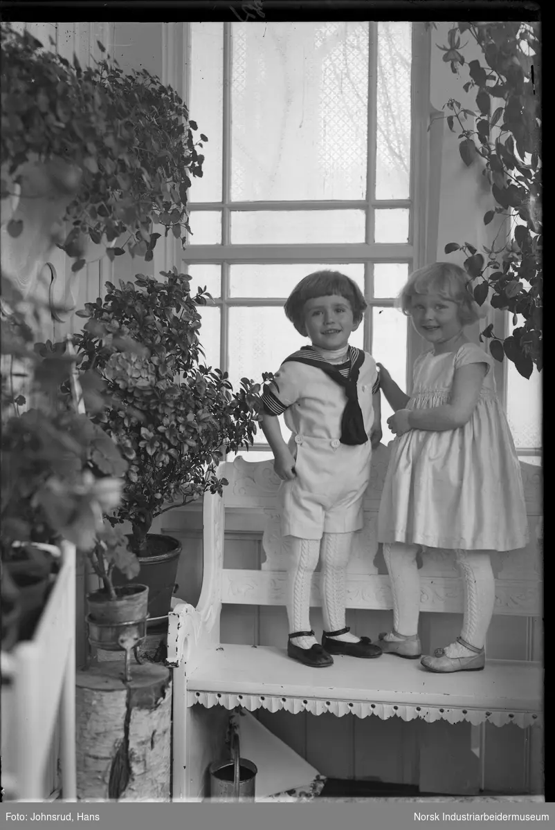Gruppeportrett familien Bugge. To barn stående på benk innendørs med planter på sidene.
