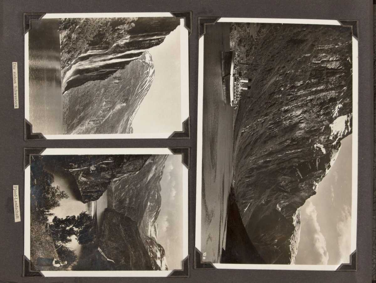 Albumside med tre foto, tatt fra MONTE SARMIENTO. Utsikten viser fjellformasjonen "De syv søstre" og fjordlandskap.