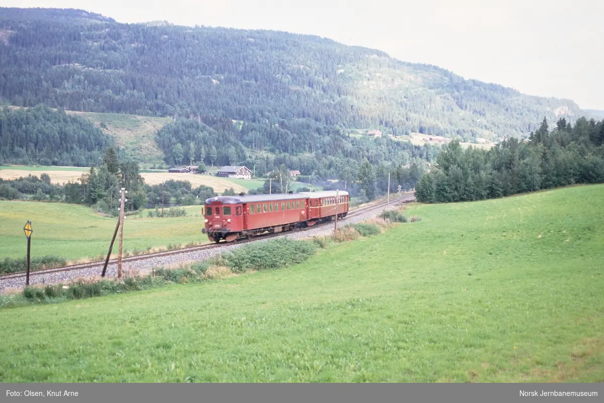Dieselmotorvognene BM 86 15 og BM 86 25 med persontog fra Kongsberg til Rødberg nord for Kravikfjord holdeplass
