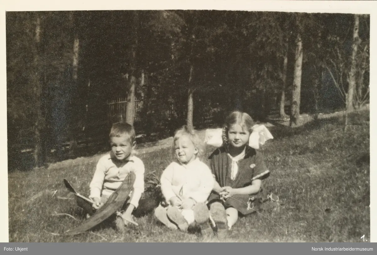 Anton Poulsson, Sven Harvig og Elin Schelderup sitter på gresset på Briskeroe, Møsstrond. Bak sees trær