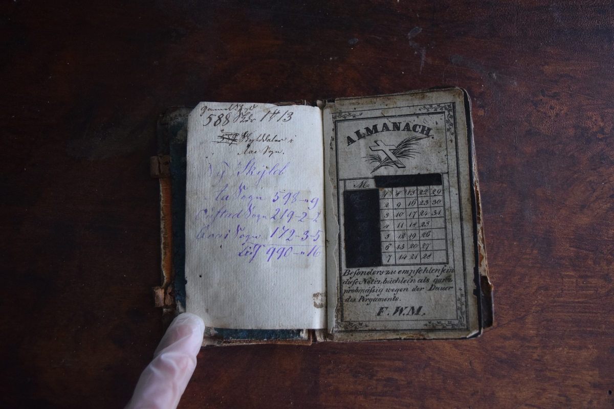 Notatbok med skinnrygg. Har en ilagt blyant. Et av de tidligste notatene er fra desember 1875