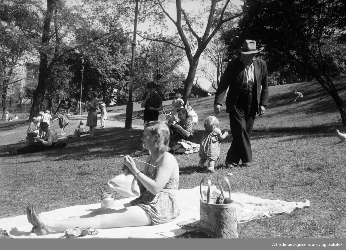 St.Hanshaugen. Sommerliv og strikking i parken. Mai 1947