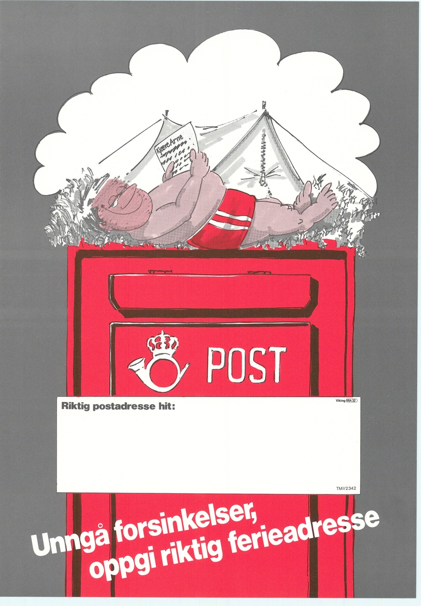 Plakat med grå bunngfarge, motiv av postkasse og en person som ligger på toppen og leser et brev. Tekst med hvite bokstaver.