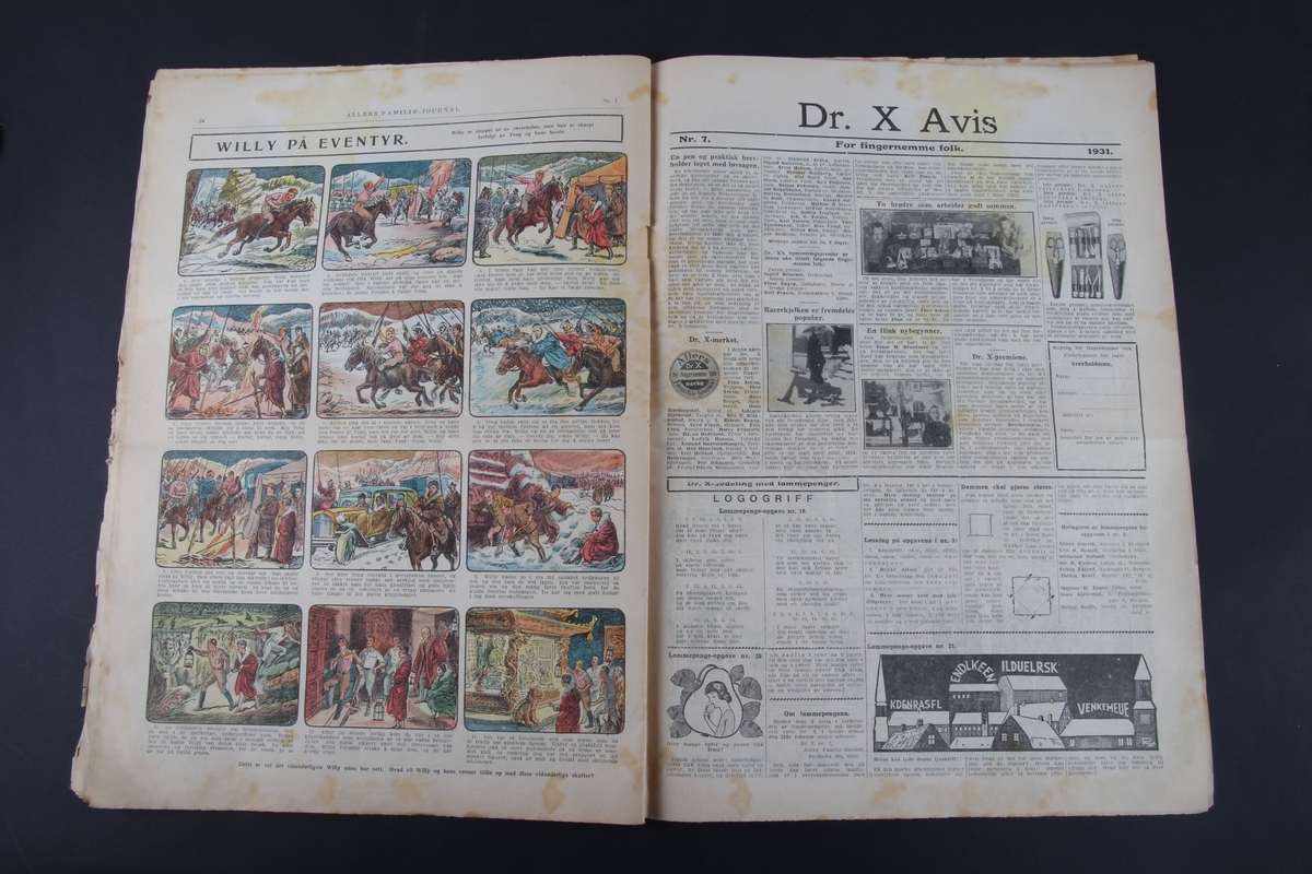 Magasin med rektangulær form som inneholder diverse artikler, tegneserier og reklame. Dette er Nr. 7, 1931