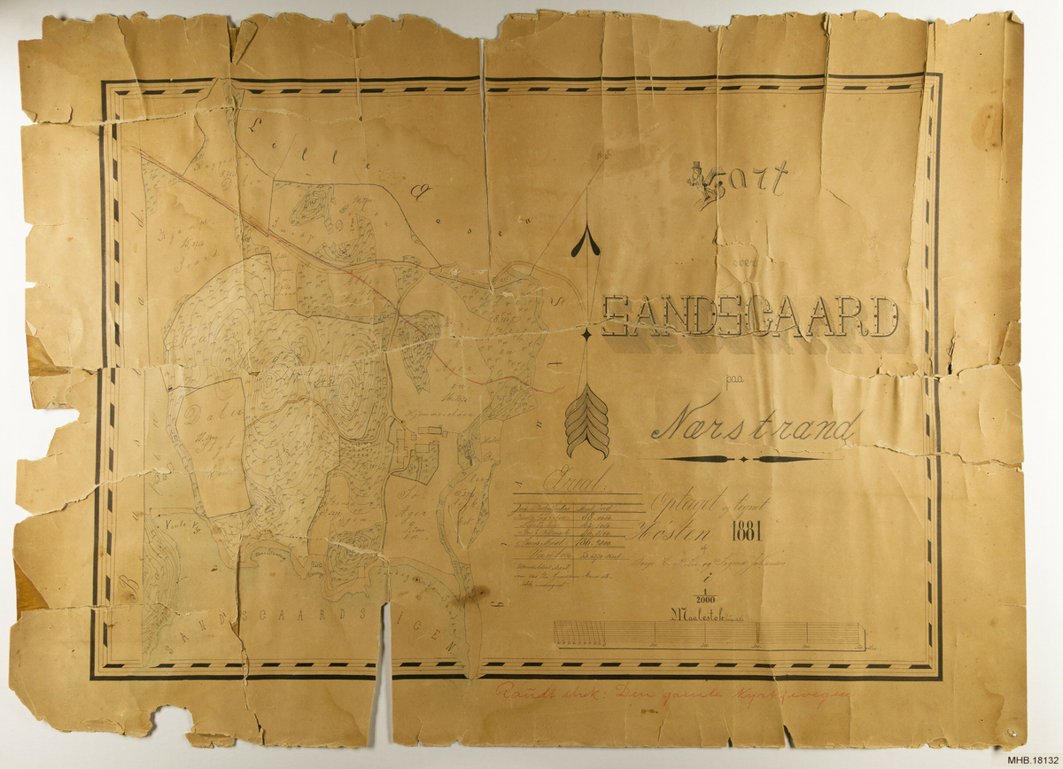 Håndtegnet kart over Sandsgaard på Nedstrand. 
Rektangulært og rullet opp på seg selv.