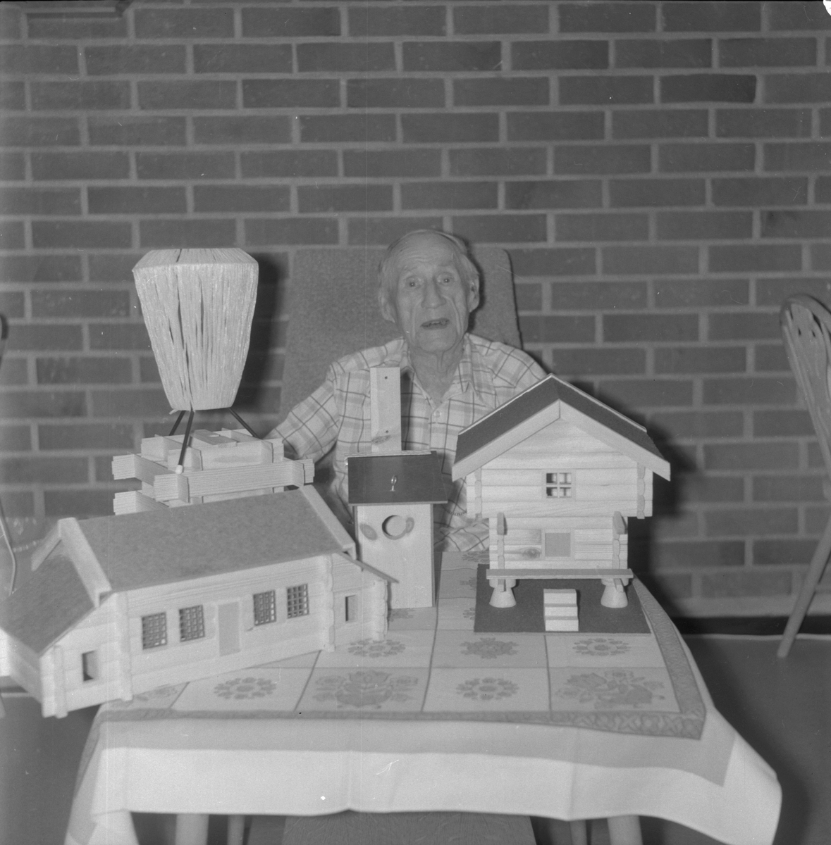 Ragnvald Gjerde med eigenproduserte husmodellar og fuglehus på aldersheimen i Ølen, 1975.