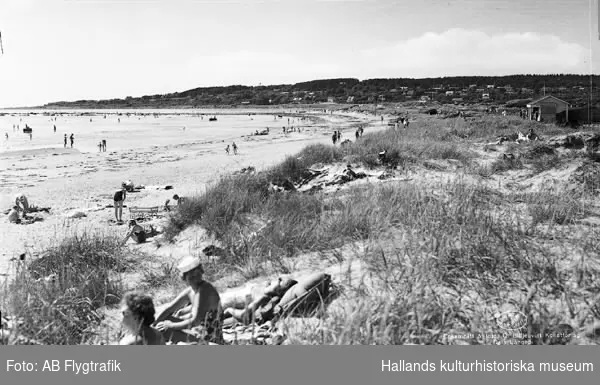 Vykort, "Haverdals strand". Bild 1: Kolorerat. Bild 2: Sv/v. Strandvy med badande människor. Sanddynor. Bebyggelse i bakgrunden.