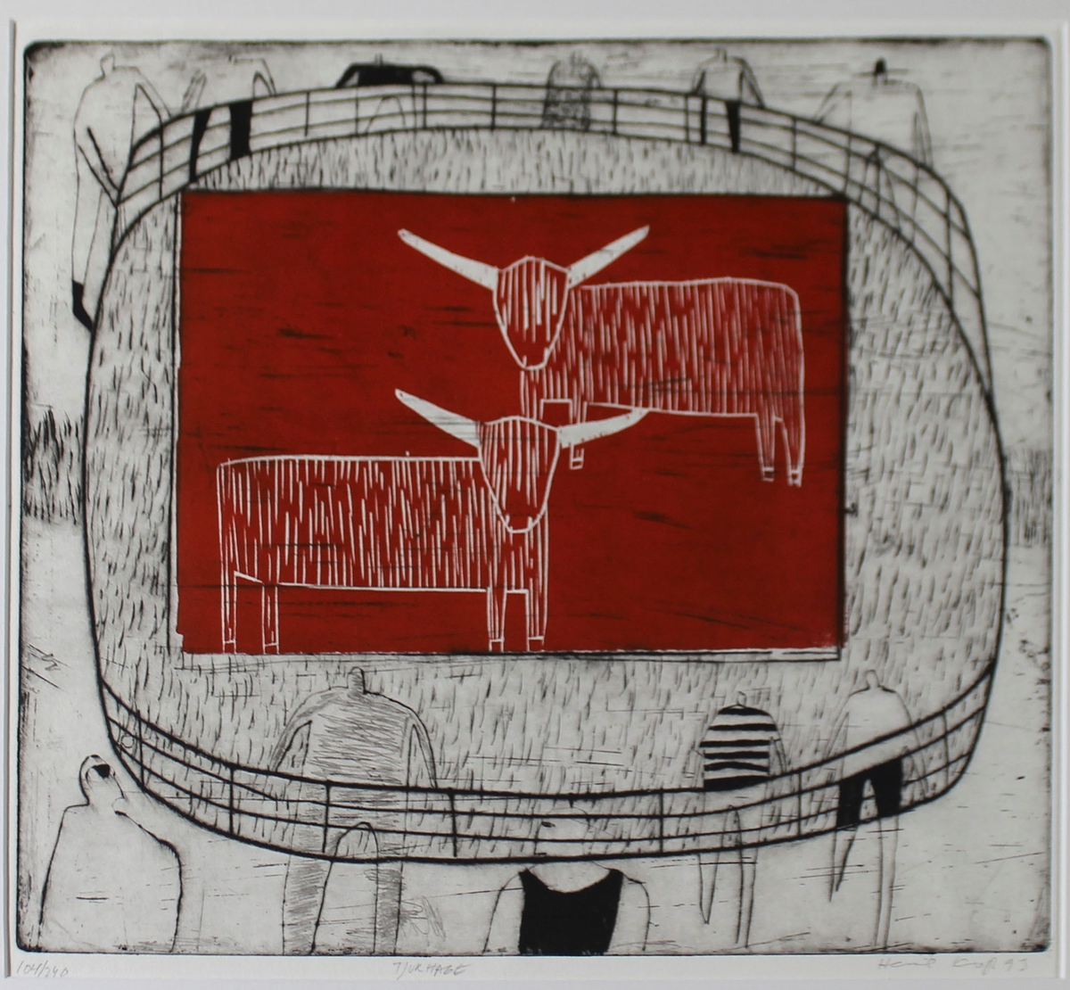 Stängsel och figurer i torrnål utanför en röd fyrkant med två highland cattle-tjurar i träsnitt.