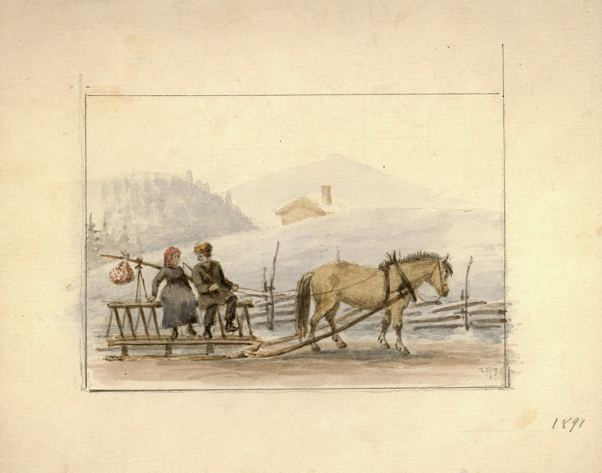 hest og slede, vinter, skyss, kvinne, mann, skreppe, bagasje
