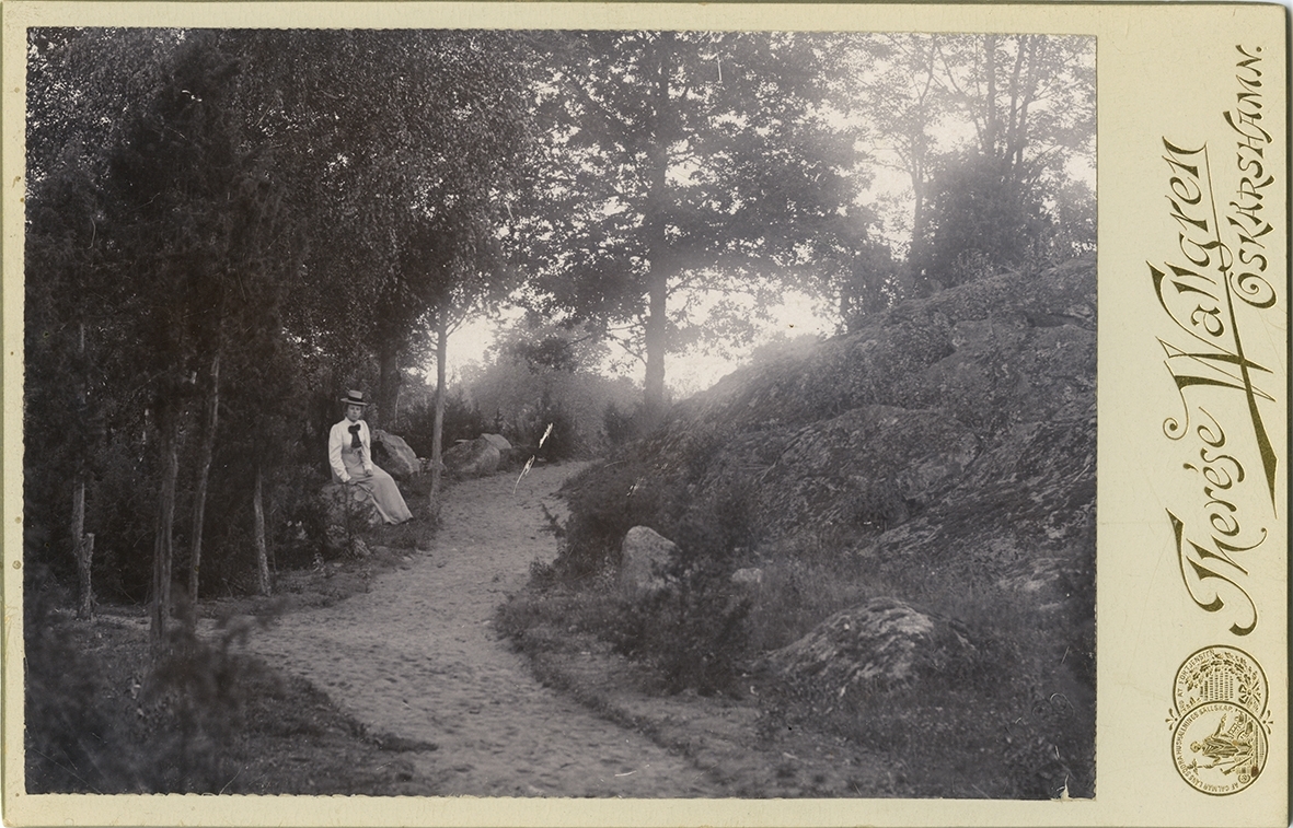 Brunnsparken i Norrby. Hörnet präglat med 1899. En kvinna sitter på en sten.