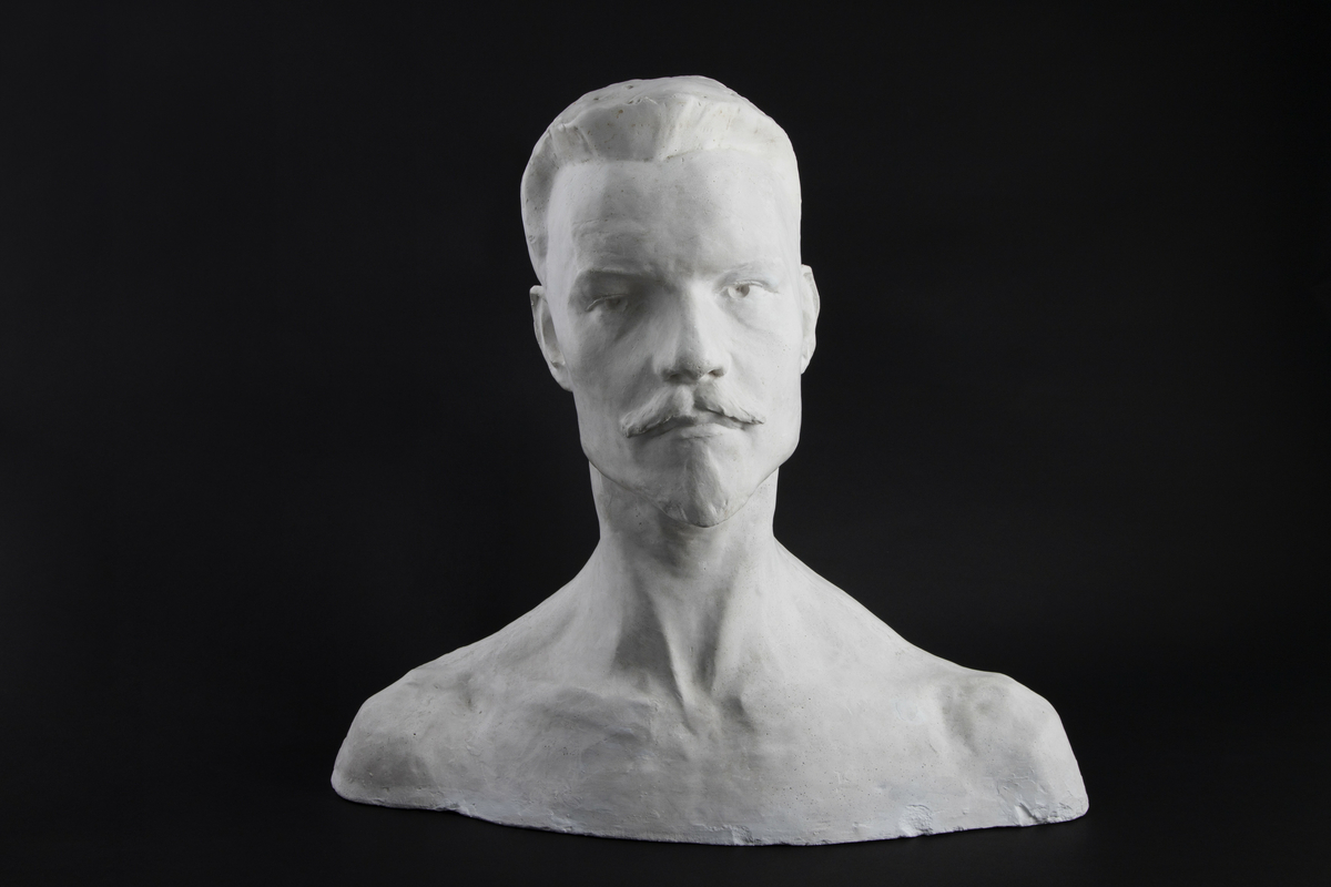Portrettbyste av kunsthistorikeren Jens Thiis, utført i gips. Han er fremstilt en face med bart og flippskjegg, samt med lang slank hals. Plastisk utformet iris.