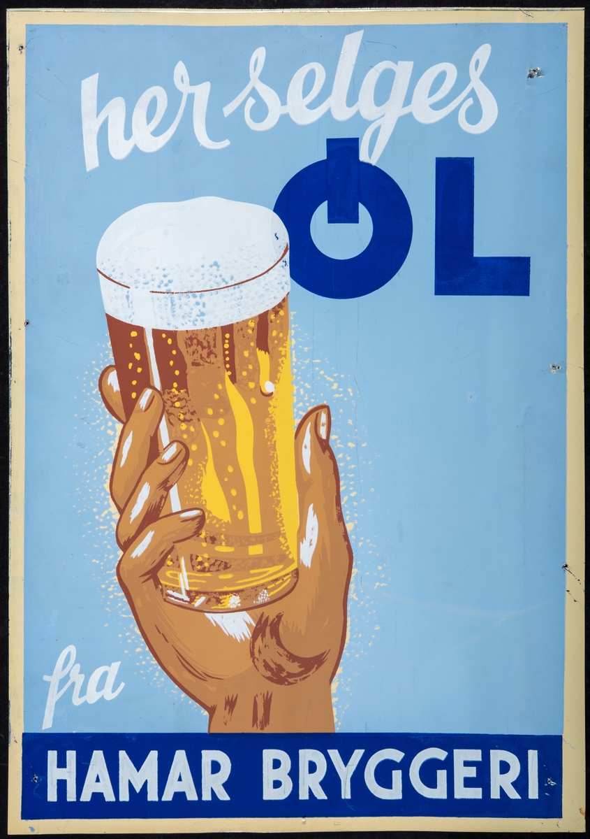 Reklameplakat for Hamar Bryggeri. Med teksten: "Her selges øl fra Hamar Bryggeri"