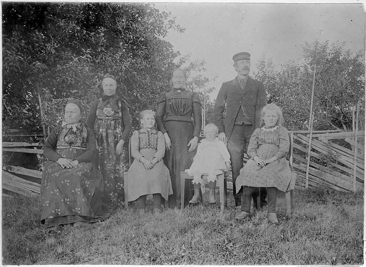 Gruppe mennesker foran skigard på Støvern, 1901. Fra venstre: Gunhild Støvern og Kari Hagan i "fjellkler", Gunhild Støvern, Berit Støvern, Mari Aasland, Trond Aasland og Gunhild Bye.