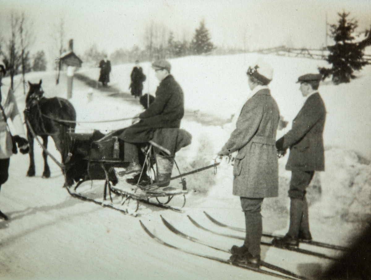 Direktørfamilien Syberg fotografert ved Ådalsbruk. Vinter, hest og slede, 2 personer henger etter sleden på ski.