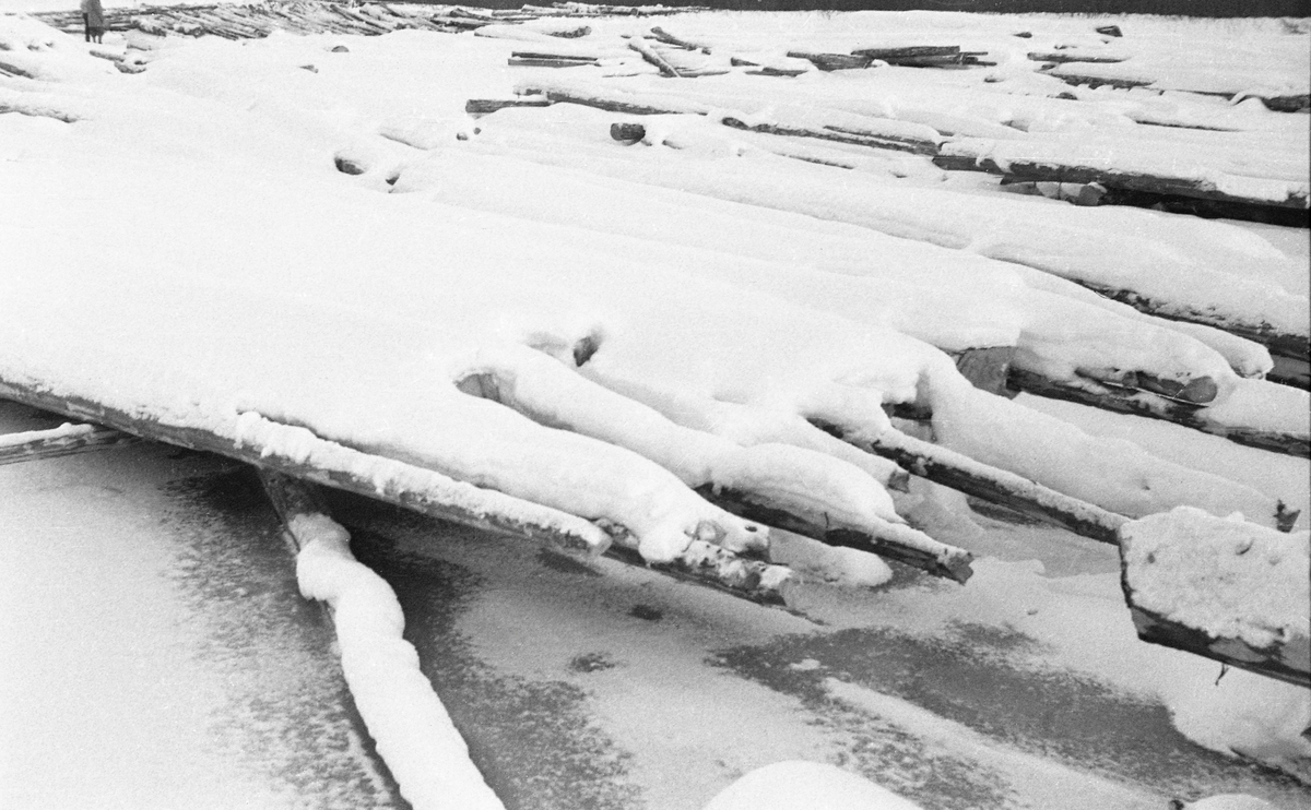 Borregaards tømmervelte på Glomma-isen ved Tynset bru vinteren 1952.  Fotografiet viser barket tømmer som er lagt ut i floer på underliggende tverrstokker på elveisen.  Tømmeret er delvis snødekt.  I bakgrunnen, øverst i venstre hjørne, skimtes to menn i samtale mellom tømmerfloene.