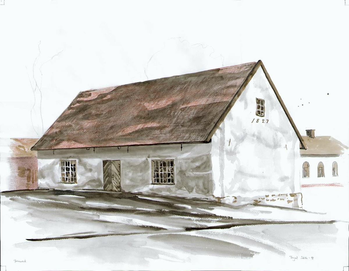 Vitputsad byggnad vid Forsmarks bruk, årtalet 1827 på husets gavel, Forsmark socken, Uppland.