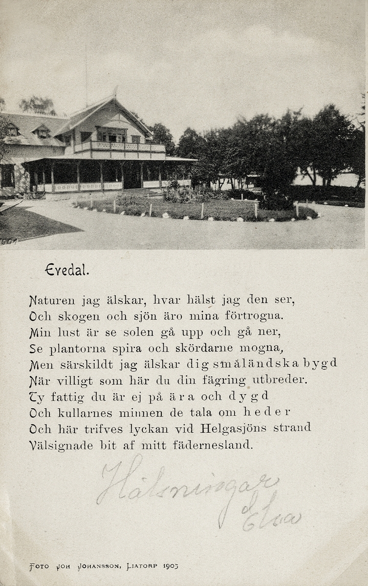 Restaurangen på Evedals hälsobrunn, med (anonym) dikt, 1905.
