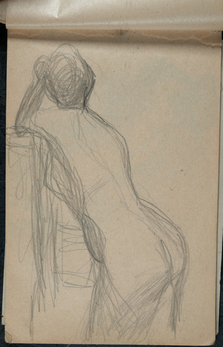 Skisseblokk etter Robert Wik, med tegninger og notater. Delvis utført i Frankrike, som Wik besøkte flere ganger i perioden 1900-06.