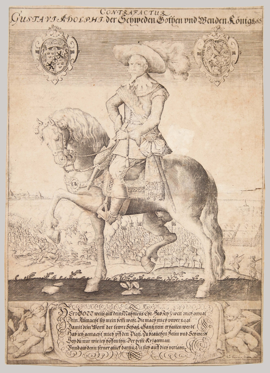 Föreställer Gustaf II Adolf sittande på hästryggen, med sin arme i bakgrunden. På var sida, vapensköldar med tre kronor och lejon.