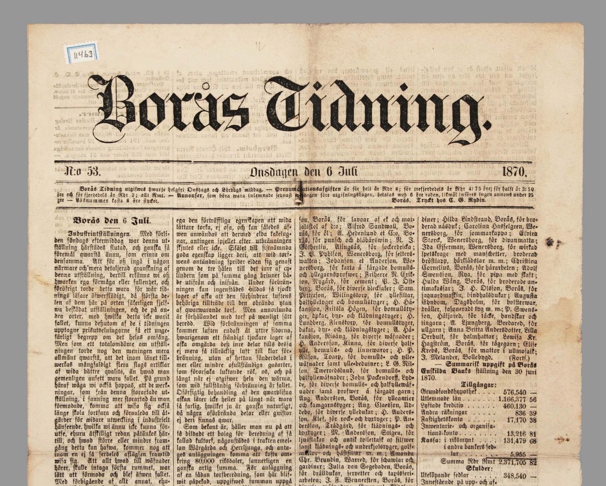 Pappersark. Tre nummer av Borås Tidning. Text på fram- och baksida. År 1870.

1. Borås Tidning, No 52, Lördagen den 2 Juli, 1870.

2. Borås Tidning, No 53, Onsdagen den 6 Juli, 1870.

3. Borås Tidning, No 54, Lördagen den 9 juli, 1870.