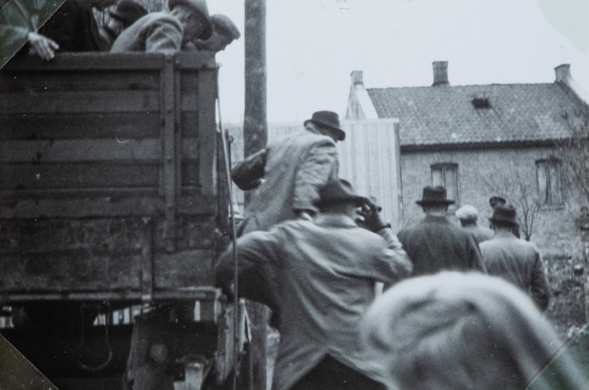 Bilder fra frigjøringsdagene i april og mai 1945. Ny last med fanger ankommer Hamar Fengsel.