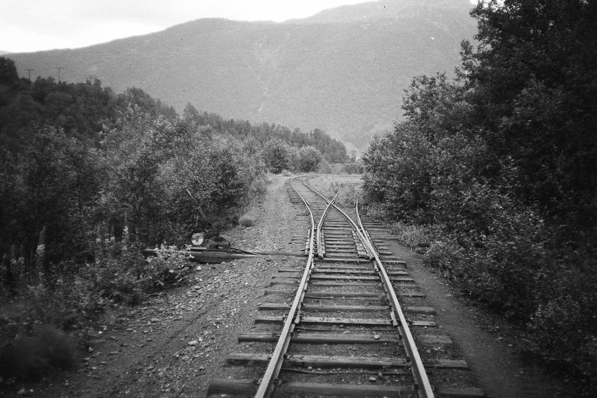 Sulitjelmabanen ved Sjønstå ved sidesporet til grustaket hvor vognene ble lastet, den første tiden med transportband, senere med hjullaster