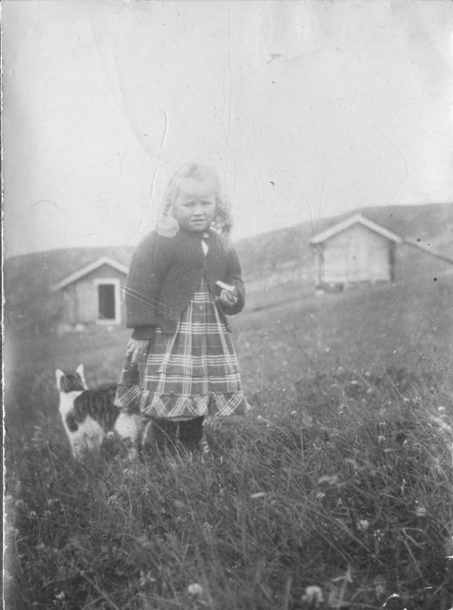 Ingrid Halvorsdotter Hande med katten, på stølen.